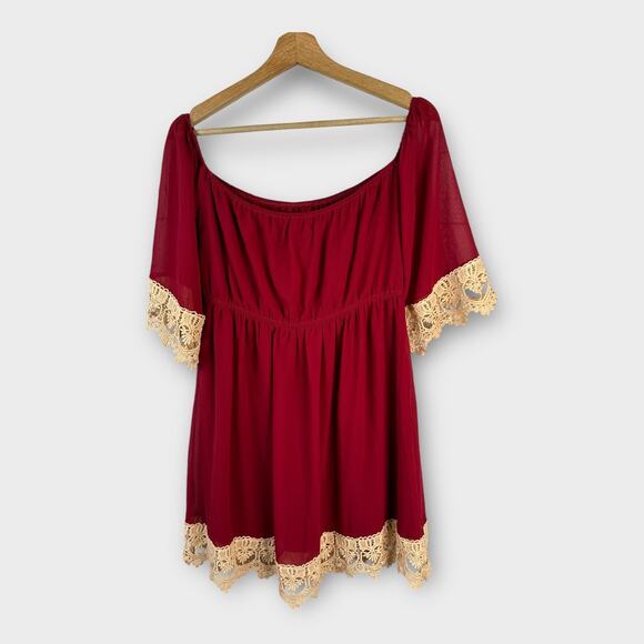 Umgee Womens size Large Lace Crochet Hem Mini Dress Red Boho Holiday - Picture 2 of 8